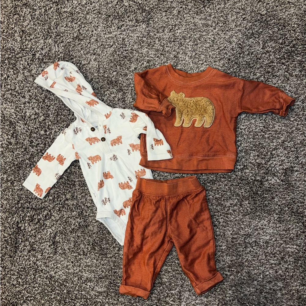 0-3 month outfit, Carter’s, bear outfit, sweatshirt/pants & hooded l/s onesie